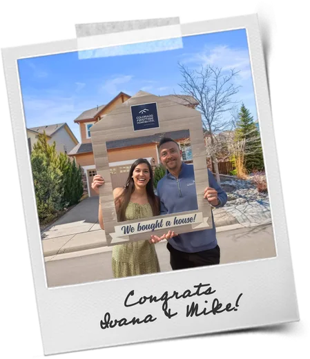 Congrats Ivana and Mike — Colorado first-time home buyers holding a We bought a house sign